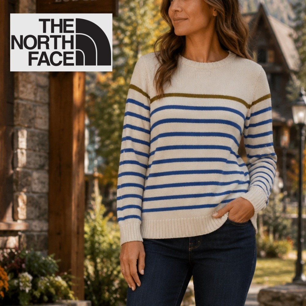 The North Face, Stripe Wool Blend Elbow Patch Sweater Fisherman Ivory Blue Large